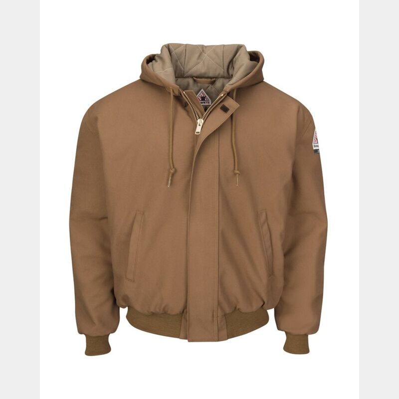 Men's Insulated Brown Duck Hooded Jacket with Knit Trim Thumbnail